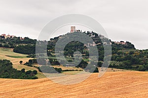 Rocca d`Orcia is a village in Tuscany with medieval TowerÂ Rocca di Tentennano. Val d`Orcia, Italy